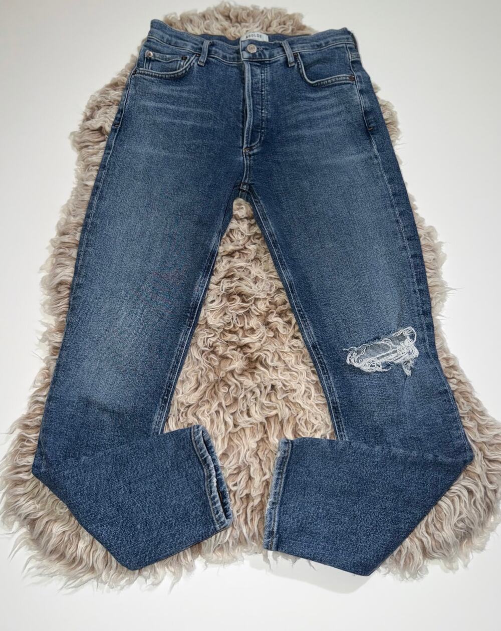 Agolde women’s butterfly distressed Nico high slim fit  blue jeans